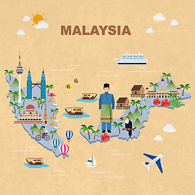 전신 남자 여행 지도 일러스트 비행기 한명 사람 성인 관광지 야자수 동남아시아 열기구 유람선 앵무새 수상가옥 말레이시아 랜드마크 사롱 열대꽃 쿠알라룸푸르 페트로나스트윈타워 국내일러스트 AI파일 나무 1 꽃 아시아 배_교통 항공교통 조류 대중교통 주택 파일형식 벡터