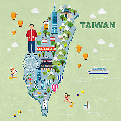 전신 남자 여행 지도 일러스트 한명 사람 성인 관광지 유람선 대만 케이블카 랜드마크 풍등 풍등축제 타이베이101 지우펀 룽산사 국내일러스트 AI파일 1 아시아 배_교통 조명 절 등축제 파일형식 벡터