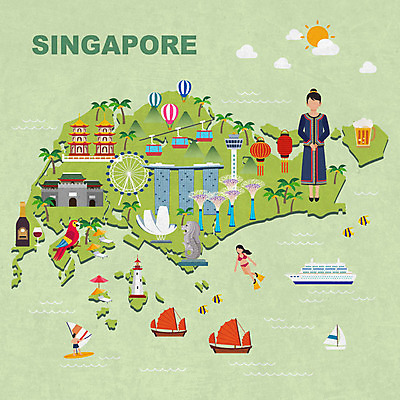 전신 여자 여행 지도 일러스트 한명 사람 성인 관광지 열기구 전통의상 유람선 선베드 앵무새 케이블카 싱가폴 랜드마크 분수쇼 멀라이언타워 국내일러스트 AI파일 1 전통 아시아 배_교통 의자 항공교통 조류 파일형식 벡터