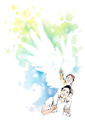 PSD 남자 아들 어린이 일러스트 캘리그라피 붓터치 미소 사람 상반신 성인 두명 가리킴 목말 아빠 즐거움 번짐 천사날개 부자지간 국내일러스트 감정 날개 가족 모션 천사 표정 손짓 파일형식 효과