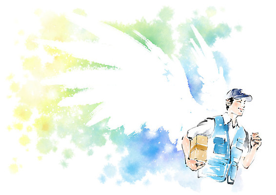 PSD 남자 일러스트 캘리그라피 붓터치 한명 미소 들기 사람 상반신 성인 달리기 조끼 택배기사 바쁨 번짐 천사날개 택배상자 캡모자 성인남자한명만 국내일러스트 모자_잡화 1 날개 모션 천사 표정 상자 외투 배달원 택배 남자한명만 성인남자만 파일형식 효과