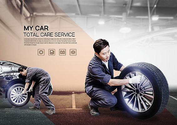 전신 PSD 편집이미지 응시 남자 자동차 조명 작업복 사람 성인 두명 30대 한국인 수리 느낌표 타이어 주유소 목장갑 차량점검 카센터 이미지편집 기호 시선 옷 육상교통 장갑 동양인 장년 센터 점검 파일형식