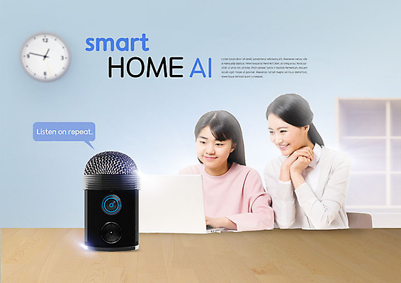 PSD 편집이미지 여자 교육 청소년 책장 미소 사람 상반신 성인 두명 10대 노트북 스피커 한국인 책상 벽시계 영어듣기 여자만 스마트홈 AI_인공지능 이미지편집 시계 음향기기 가구 표정 영어교육 동양인 전자제품 파일형식