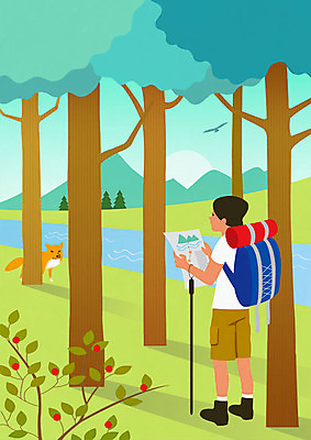 전신 PSD 나무 응시 남자 지도 일러스트 배낭 산 한명 들기 사람 성인 취미 강 트래킹 숲 들풀 여우 등산스틱 침낭 성인남자한명만 국내일러스트 식물 1 시선 가방 포유류 모션 레저 등산용품 남자한명만 성인남자만 파일형식