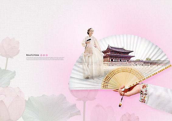 전신 PSD 편집이미지 한국전통 손 여자 한손 연꽃 미소 사람 20대 성인 두명 신체부위 궁전 한국인 부채 한복 이미지편집 전통 꽃 고건축 한국 표정 동양인 청년 전통의상 파일형식