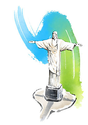 PSD 일러스트 캘리그라피 붓터치 사람없음 관광지 조형물 조각상 번짐 브라질 랜드마크 리우데자네이루 예수상 국내일러스트 여행 미술 남아메리카 파일형식 효과