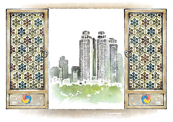 PSD 한국전통 일러스트 캘리그라피 붓터치 빌딩 사람없음 관광지 전통문양 도시 도심 태극 번짐 전통문 랜드마크 쌍둥이빌딩 국내일러스트 전통 문양 여행 한국 건물 문 파일형식 효과