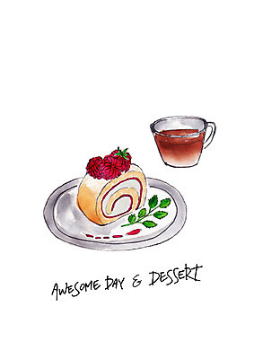 PSD 접시 꽃 커피 조각 잎 일러스트 디저트 수채화 사람없음 케이크 달콤 롤케이크 국내일러스트 식물 식기 음료 음식 맛 파일형식