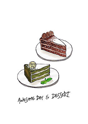 PSD 조각 일러스트 디저트 수채화 사람없음 케이크 풀잎 달콤 조각케이크 초코케이크 국내일러스트 음식 잎 풀_식물 맛 파일형식