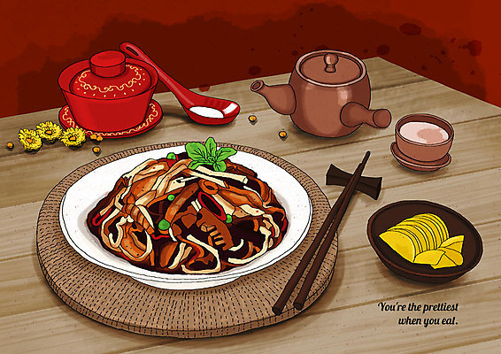 PSD 접시 꽃 잎 술잔 일러스트 젓가락 사람없음 숟가락 면류 짜장면 찻주전자 단무지 국물 플레이팅 국내일러스트 식물 식기 음식 주전자 잔 수저 중식 상차림 파일형식