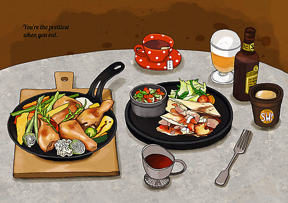 PSD 포크 채소 일러스트 병맥주 사람없음 치킨 샐러드 프라이팬 소스 차 맥주잔 타코 치맥 플레이팅 국내일러스트 식기 음료 음식 술잔 주방용품 맥주 양념 상차림 닭고기요리 파일형식