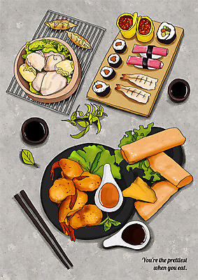 PSD 일러스트 젓가락 사람없음 초밥 소스 김밥 새우튀김 찐만두 캘리포니아롤 플레이팅 국내일러스트 음식 새우 수저 튀김 양념 상차림 만두 일본음식 파일형식