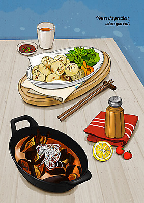 PSD 일러스트 젓가락 방울토마토 사람없음 식탁보 소스 상차림 레몬 물컵 냅킨 찐만두 후추통 홍합탕 플레이팅 국내일러스트 토마토 과일 수저 컵 양념 탕 만두 양념통 파일형식