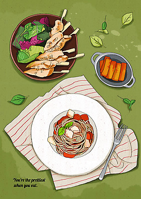 PSD 포크 일러스트 스파게티 사람없음 샐러드 식탁보 풀잎 피클 꼬치요리 플레이팅 국내일러스트 식기 음식 잎 파스타 요리 풀_식물 꼬치 상차림 절임 파일형식