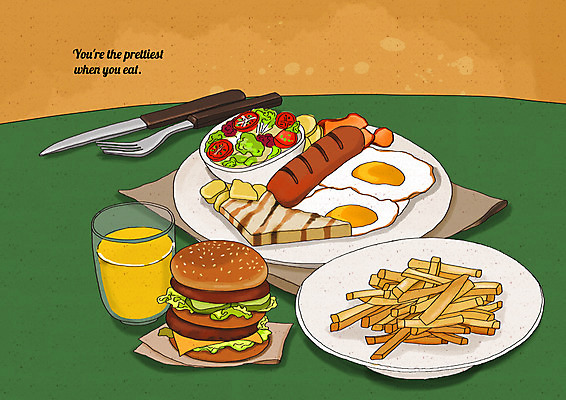 PSD 포크 일러스트 사람없음 샐러드 감자튀김 햄버거 식탁보 소시지 나이프 오렌지주스 상차림 계란프라이 냅킨 플레이팅 국내일러스트 식기 음식 감자 패스트푸드 튀김 가공식품 칼 과일주스 계란요리 파일형식