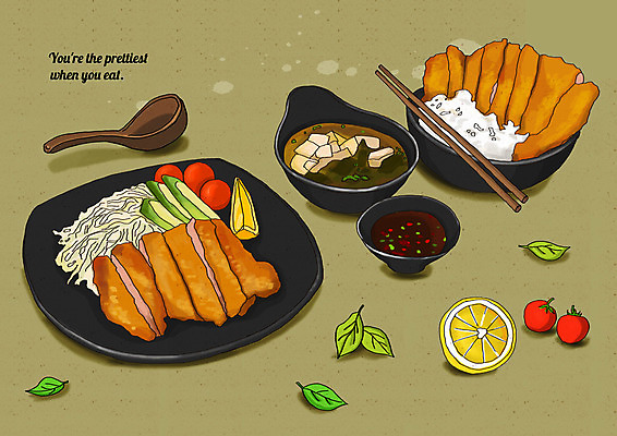 PSD 일러스트 젓가락 방울토마토 밥 오이 사람없음 숟가락 풀잎 돈가스 레몬 양배추 미소된장국 플레이팅 국내일러스트 음식 잎 토마토 채소 과일 수저 풀_식물 커틀릿 상차림 일본음식 파일형식