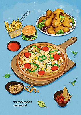 PSD 일러스트 피자 사람없음 치킨 감자튀김 햄버거 풀잎 케첩 피클 땅콩 플레이팅 국내일러스트 잎 감자 패스트푸드 서양음식 견과류 튀김 풀_식물 소스_음식 상차림 닭고기요리 절임 파일형식