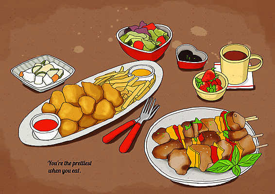 PSD 포크 일러스트 딸기 디저트 사람없음 샐러드 감자튀김 양념 꼬치 케첩 물컵 피클 꼬치구이 치킨너겟 플레이팅 국내일러스트 식기 음식 과일 감자 컵 튀김 소스_음식 상차림 구이 절임 파일형식