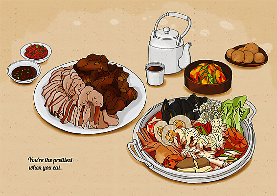 PSD 접시 일러스트 주전자 반찬 사람없음 양념 차 냄비 깍두기 물컵 족발 해물탕 감자조림 플레이팅 국내일러스트 식기 음료 음식 주방용품 김치 돼지고기 컵 솥 상차림 조림 파일형식