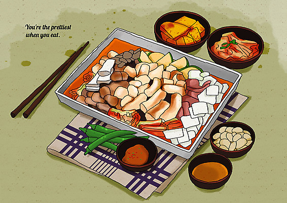 PSD 일러스트 젓가락 고추 호박 김치 떡 마늘 사람없음 식탁보 깍두기 양배추 철판 쌈장 철판볶음 철판요리 플레이팅 국내일러스트 한식 음식 채소 수저 양념 상차림 볶음 파일형식