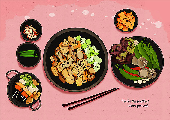 PSD 음식 일러스트 젓가락 고추 마늘 사람없음 버섯 꼬치 상추 깍두기 깻잎 표고버섯 곱창 대파 곱창볶음 꼬치요리 플레이팅 국내일러스트 채소 김치 수저 육류 요리 상차림 볶음 파 파일형식