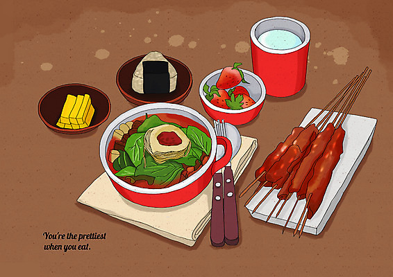 PSD 포크 일러스트 딸기 사람없음 숟가락 식탁보 꼬치 물컵 단무지 삼각김밥 플레이팅 국내일러스트 식기 과일 수저 컵 상차림 김밥 파일형식