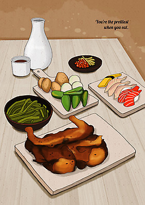 PSD 술잔 일러스트 술병 감자 사람없음 치킨 초밥 나무도마 오이고추 플레이팅 국내일러스트 채소 고추 병_용기 잔 도마 주류 목재 상차림 닭고기요리 일본음식 파일형식