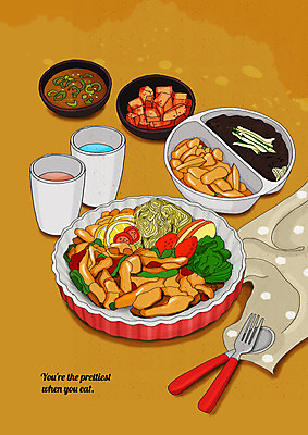 PSD 음식 포크 과일 일러스트 딸기 사람없음 숟가락 식탁보 양념 짜장면 사과 깍두기 양배추 탕수육 야채빵 플레이팅 국내일러스트 식기 빵 채소 김치 수저 중식 상차림 파일형식