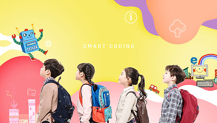 PSD 편집이미지 응시 여자 어린이교육 교육 남자 초등학생 어린이 책가방 사람 여러명 상반신 컴퓨터 한국인 로봇 줄서기 어린이만 코딩 이미지편집 학생 시선 다수 가방 모션 동양인 전자제품 컴퓨터교육 파일형식