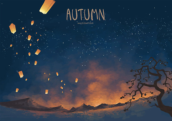 PSD 별 일러스트 밤하늘 산 초원 사람없음 가을풍경 가을 숲속 감나무 풍등 국내일러스트 자연요소 나무 계절 하늘 조명 감 풍경 야간 숲 파일형식 가을_계절