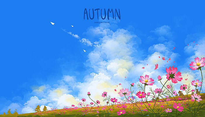 PSD 구름 꽃잎 일러스트 하늘 초원 사람없음 가을풍경 가을 종이비행기 코스모스 흩날리기 국내일러스트 자연요소 계절 꽃 모션 풍경 종이접기 파일형식 가을_계절