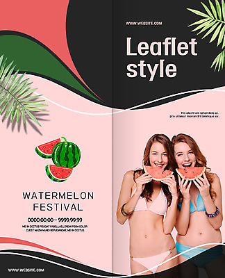 PSD 서양인 템플릿 북디자인 출판디자인 여자 표지 리플렛 2단접지 북커버 과일 수박 미소 사람 팜플렛 상반신 20대 성인 두명 비키니 축제 즐거움 반쪽수박 열대잎 성인여자만 이미지템플릿 외국인 수영복 감정 잎 표정 청년 여자만 성인만 파일형식