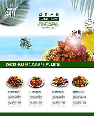 PSD 템플릿 북디자인 출판디자인 내지 리플렛 바다 2단접지 북커버 맥주 팜플렛 사람없음 프라이드치킨 양념치킨 다양 메뉴 메뉴판 열대잎 치킨샐러드 치맥 이미지템플릿 다수 잎 주류 치킨 샐러드 파일형식