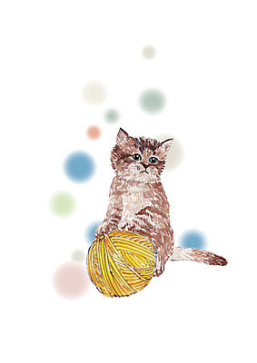 PSD 동물 한마리 응시 일러스트 수채화 사람없음 반려동물 장난감 고양이 털실 반려 국내일러스트 1 시선 포유류 실 파일형식