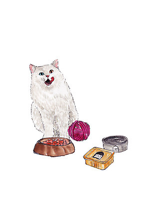 PSD 동물 한마리 일러스트 수채화 사람없음 반려동물 고양이 털실 캔 먹이 먹이그릇 반려 애완용사료 국내일러스트 1 그릇 포유류 실 파일형식