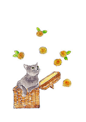 PSD 동물 한마리 꽃 여러송이 일러스트 수채화 사람없음 반려동물 고양이 반려 소풍바구니 국내일러스트 식물 1 다수 포유류 바구니 파일형식