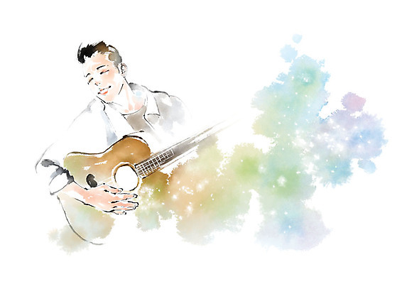 PSD 남자 연주 일러스트 캘리그라피 붓터치 수채화 한명 미소 사람 상반신 성인 눈감음 기타 번짐 국내일러스트 1 음악 모션 현악기 표정 파일형식 효과