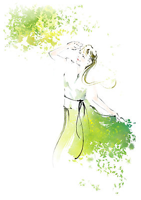 PSD 응시 여자 일러스트 캘리그라피 붓터치 나뭇잎 수채화 한명 미소 사람 상반신 성인 손들기 잡기 번짐 치맛자락 국내일러스트 1 시선 잎 모션 표정 치마 파일형식 효과