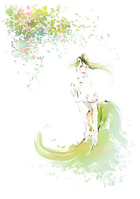 PSD 응시 여자 꽃 포즈 일러스트 캘리그라피 붓터치 나뭇잎 수채화 한명 미소 사람 상반신 성인 번짐 국내일러스트 식물 1 시선 잎 표정 파일형식 효과