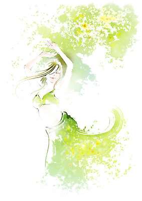 PSD 여자 꽃 일러스트 캘리그라피 붓터치 나뭇잎 수채화 한명 미소 사람 상반신 성인 손들기 눈감음 춤 번짐 밸리댄스 국내일러스트 식물 1 잎 모션 문화예술 표정 파일형식 효과