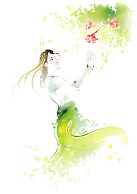 PSD 응시 여자 꽃 일러스트 캘리그라피 붓터치 나뭇잎 수채화 한명 미소 사람 상반신 성인 손들기 번짐 국내일러스트 식물 1 시선 잎 모션 표정 파일형식 효과