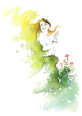 PSD 응시 여자 일러스트 캘리그라피 붓터치 나뭇잎 수채화 한명 미소 사람 상반신 성인 들꽃 번짐 손모으기 국내일러스트 1 시선 꽃 잎 표정 손짓 파일형식 효과