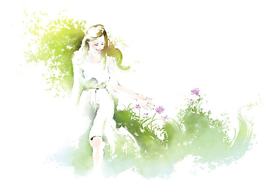 전신 PSD 응시 여자 꽃 일러스트 캘리그라피 붓터치 나뭇잎 수채화 한명 미소 사람 성인 만지기 들풀 번짐 국내일러스트 식물 1 시선 잎 모션 표정 파일형식 효과