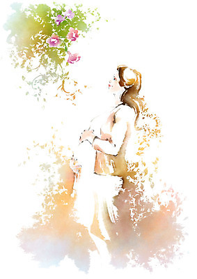 PSD 응시 여자 일러스트 캘리그라피 붓터치 나뭇잎 수채화 한명 미소 사람 상반신 성인 임산부 만지기 번짐 나팔꽃 복부 국내일러스트 1 시선 꽃 잎 모션 표정 신체부위 임신 파일형식 효과