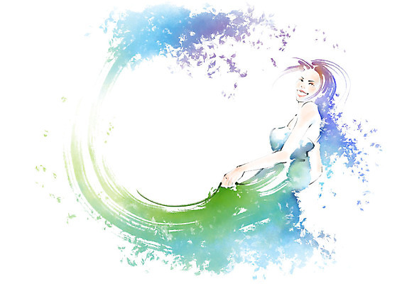 PSD 응시 원피스 여자 일러스트 캘리그라피 붓터치 나뭇잎 수채화 한명 미소 사람 상반신 성인 즐거움 번짐 국내일러스트 1 시선 옷 감정 잎 표정 파일형식 효과