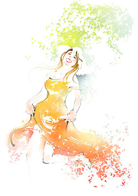 전신 PSD 원피스 여자 일러스트 캘리그라피 붓터치 나뭇잎 수채화 한명 미소 사람 성인 나뭇가지 춤 잡기 즐거움 번짐 다리들기 국내일러스트 나무 1 옷 감정 잎 모션 문화예술 표정 파일형식 효과