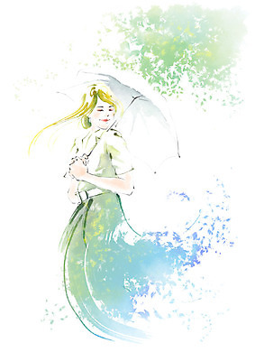 PSD 나무 응시 여자 일러스트 캘리그라피 붓터치 나뭇잎 수채화 한명 미소 사람 상반신 성인 양산 번짐 국내일러스트 식물 1 시선 잎 표정 파일형식 효과