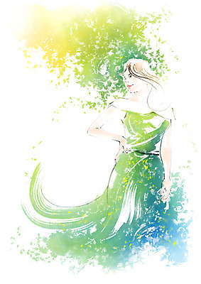 PSD 나무 응시 여자 허리손 일러스트 캘리그라피 붓터치 나뭇잎 수채화 한명 미소 사람 상반신 성인 번짐 국내일러스트 식물 1 시선 포즈 잎 표정 파일형식 효과