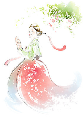 PSD 응시 여자 꽃 일러스트 캘리그라피 붓터치 나뭇잎 수채화 한명 미소 사람 상반신 성인 나뭇가지 한복 번짐 비녀 국내일러스트 나무 식물 1 한국전통 시선 잎 전통소품 표정 전통의상 파일형식 효과 헤어액세사리