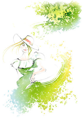 PSD 원피스 여자 일러스트 캘리그라피 붓터치 나뭇잎 수채화 한명 미소 사람 상반신 성인 나뭇가지 잡기 번짐 챙모자 국내일러스트 나무 모자_잡화 1 옷 잎 모션 표정 파일형식 효과